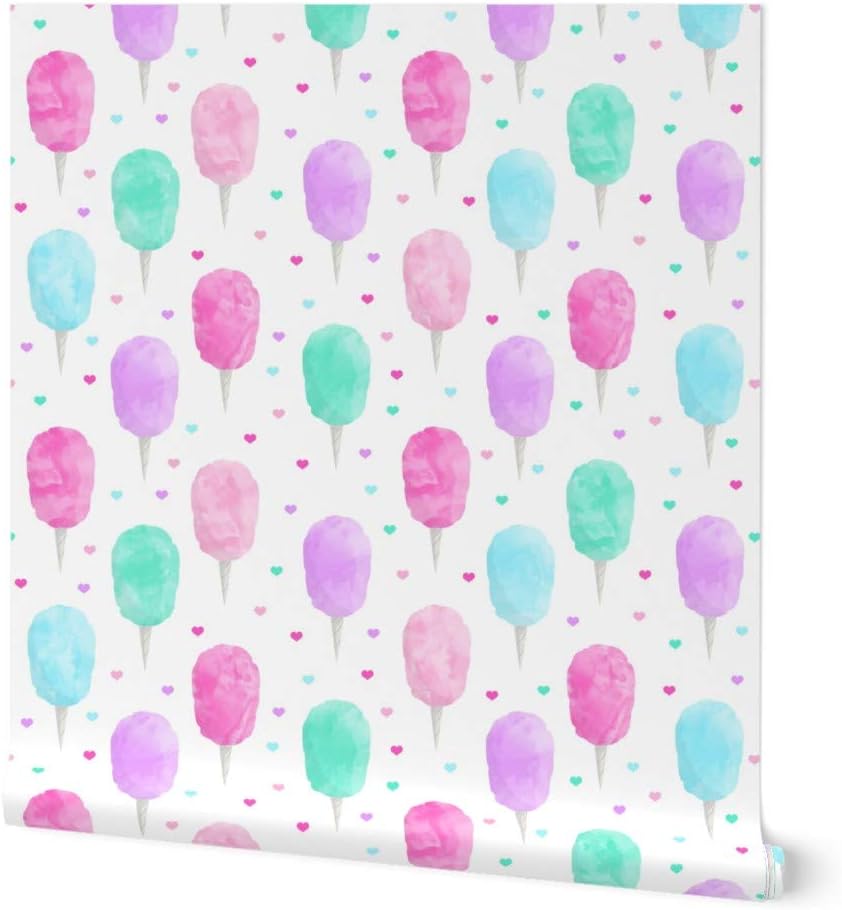 Peel & Stick Wallpaper 3ft x 2ft - Cotton Candy Hearts Baby Girl Summer Trendy Pink Purple Watercolor Pastel Custom Removable Wallpaper by Spoonflower