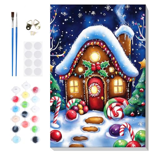 Lxmsja Pintura navideña por números para adultos principiantes con marco, pintura de casa de dulces por números en lienzo, kit de pintura acrílica para manualidades, regalos de Navidad para decoración