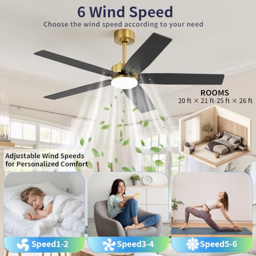 Image of 52 Inch Ceiling Fans with Lights and Remote for Bedroom Living Room Kitchen Home Office Indoor /Outdoor, 18W 3CCT Dimmable, Dual Color 5 Blades 6 Speed Reversible Quiet DC Motor, Gold /Wood Grain
