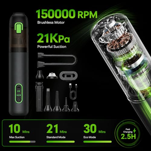 Image of Car Vacuum, 4-in-1 Portable Mini Cordless Vacuum with 21000pa Suction Power, Vacuum Cleaner for Car, Space-Saving Shape, Type-C Charge, Design for Car & Outdoor Use
