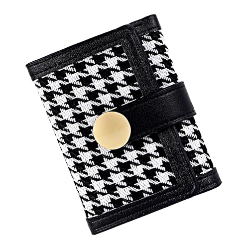 Women's Houndstooth Trifold Wallet, PU Leather and Fabric, Compact Multi-Pocket Credit Card Holder, Black