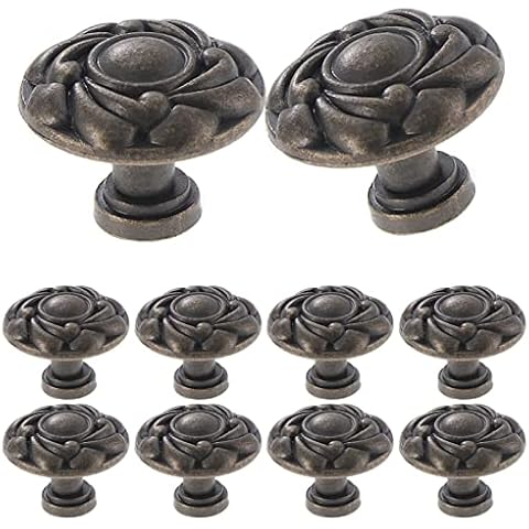 TsunNee 12PCS Vintage Cabinet Knobs, Chic Carved Drawer Knobs, Antique Style Kitchen Cupboard Handles, Round Furniture Door Knobs, Bronze Cover