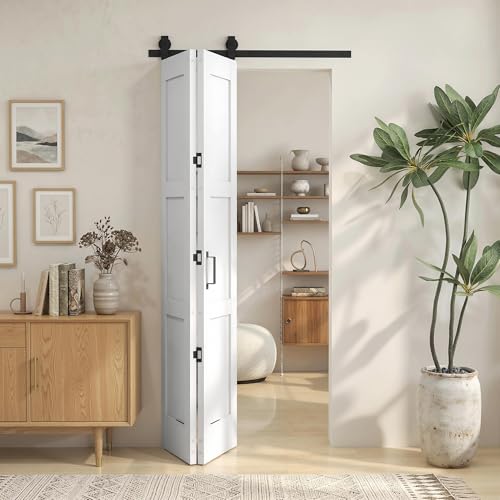 HOMCOM Puerta Corredera Plegable con Herrajes 91,4x213,4 cm, Puerta Corredera Interior con Rodillo, Riel de Acero, Guía de Suelo, Manija, para Baño, Salón, Sala de Estar, Blanco