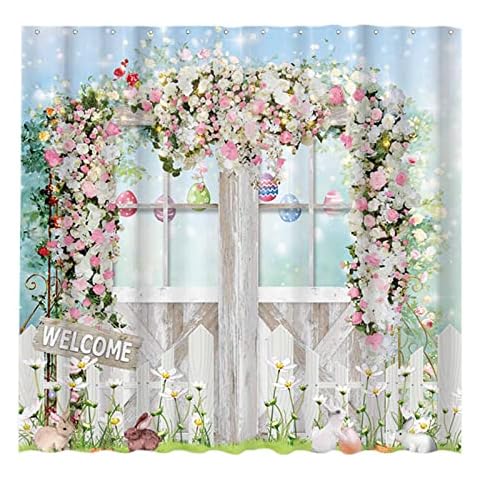 Allenjoy Spring Easter Shower Curtain Set with Hooks Watercolor Rustic Flowers Eggs Bunny Farm Home Bathroom Bathtubs Decor Easy Care Washable Durable Polyester Fabric 72"x72" Cover