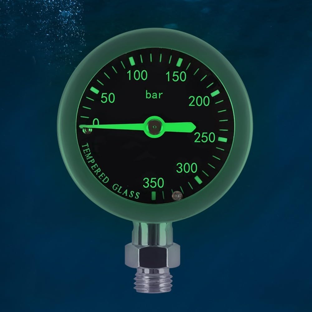 Medidor de presión de buceo con manguera tejida de fibra de carbono (rosa) | Rosca 7/16-20UNF, luminosa para esfera para agua oscura, rotación de 360 grados, alta estabilidad de hasta 300 bares