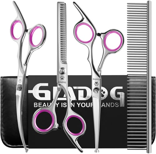 Image of GLADOG Professional 5 in 1 Dog & Cat Grooming Scissors Set with Safety Round Tips, Sharp and Heavy-duty Pet Grooming Shears for Cats (Red)