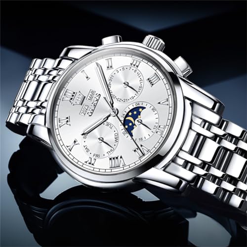 Image of OLEVS Mens Automatic Watch Mechanical Self Winding Luxury Business Dress Moon Phase Stainless Steel Calendar Wrist Watches for Men Waterproof Luminous