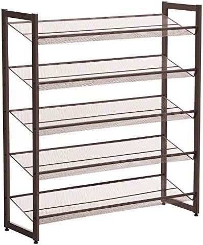 SONGMICS Shoe Rack, 5-Tier Stackable Shoe Storage Shelf, Metal Mesh, Flat or Angled Shoe Organizer Rack for 20 to 25 Pairs of Shoes, Short Boots, High Heels, Bronze