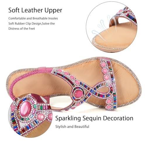 Image of iCKER Womens Rhinestone Strappy Flat Sandals Elastic Ankle Strap Open‑Toe | Sparkling,for wedding,party,evening dates,special occasion,Vacation,Formal