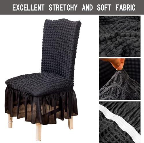 Image of House of Quirk Turkish Bubble Frill Chair Cover Stretch Removable Washable Short Dining Chair Cover Protector Seat Slipcover (Grey, Pack of 8)