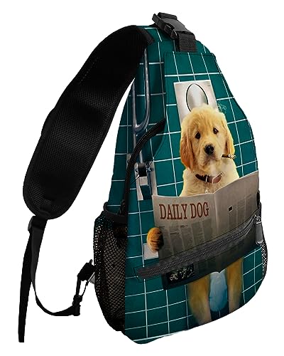 Sling Backpack, Golden Retriever Smoking and Reading Newspaper on Toilet Waterproof Lightweight Small Sling Bag, Travel Chest Bag Crossbody Shoulder Bag Hiking Daypack for Women Men