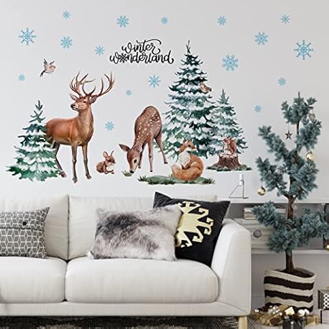 Mfault Winter Christmas Forest Deer Wall Decals Stickers, Xmas Wonderland Pine Tree Animals Elk Squirrel Rabbit Nursery Christmas Decorations Kids Bedroom Art, Snowflakes Baby Boys Girls Room Decor Cover