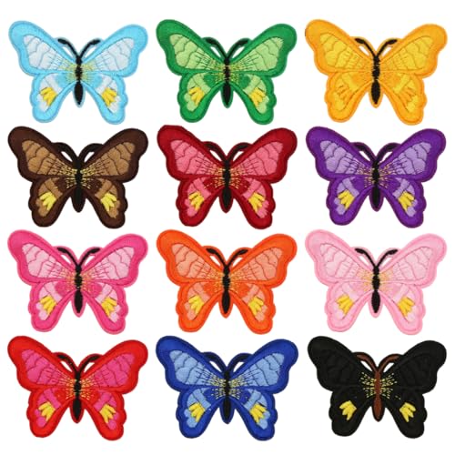 Patchs brodés en forme de papillon 12 pièces Patchs thermocollants en forme de papillon Patch multicolore pour vêtements jeans sac chapeau chaussures...
