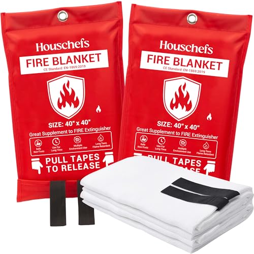 Houschefs Emergency Fire Blanket for Home and Kitchen - 2 Pack - Fire Suppression Blanket for Home Safety, 40” x 40” Fireproof Blanket for Grill, Camping, Fireplace, and Office Safety (Pack-02)
