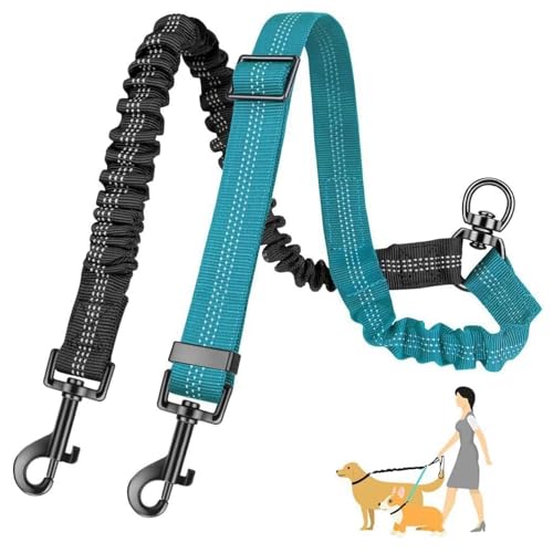 JOOTUEPO Lascia per 2 Cani, Doppio Regolabile, Senza Chiusura, Rotazione a 360°, Riflessante, Allenamento, Doppio Lascia per Cani Piccoli, Medi e Grandi (Nero + Blu)