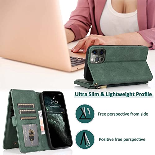 Coque iPhone 13 Pro verte avec porte-carte et fermeture magnétique
