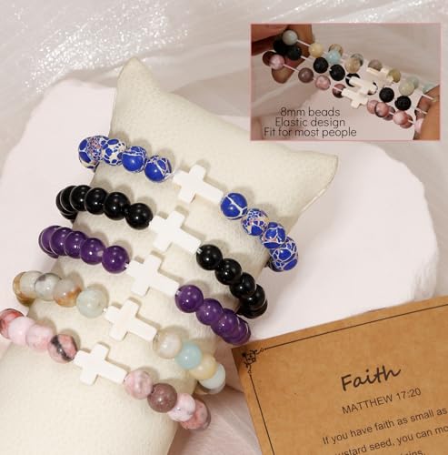 BOMAIL 9Pcs Faith Cross Bracelets for Women Men Adjustable Natural Stone Cross Stretch Bracelets Bulk Inspirational Christian Cross Faith Beaded Bracelet for Easter2