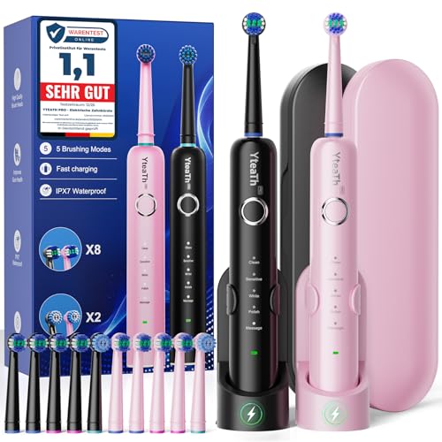 Brosse À Dent Électrique Rotatives Adultes - Lot De 2 Brosses À Dents Rotatives avec 10 Têtes de Brosse et Étui de Voyage, 5 Modes, Étanche IPX7, Brosse A Dent...
