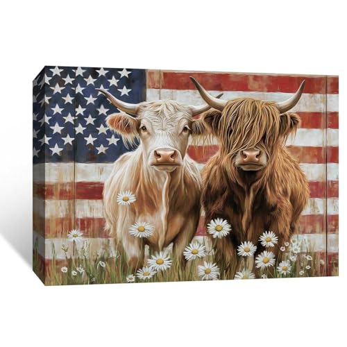 Image of Highland Cow Wall Art Decor, 4th of July American Flag Patriotic Vintage Canvas Print Picture Framed, Rustic Farmhouse Animal Painting for Home Bathroom Living Room