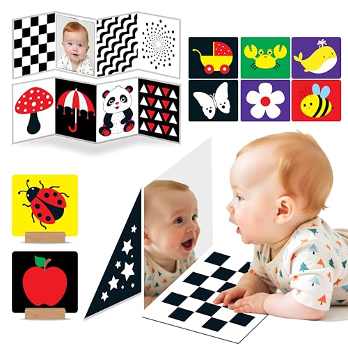 Image of High Contrast Flash Cards Busy Book for Newborn Babies | 2 Carousel + 32 Object Cards + 2 Stands | Visual & Sensory Stimulation, Tummy Time Toy for Infant Child Age 0, 3, 6, 12, 18 Months