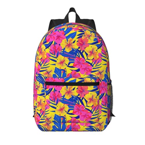 Tropical Hawaii Neon Palm Leav Fashionable Daypack 17 Inches Zippers Backpack Double Shoulder Bag for Women Men