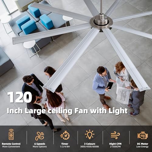 Image of WINGBO 120 Inch Industrial Ceiling Fan with Light and Remote, 8 Aluminum Blades Large Ceiling Fans, 3CCT, 6-Speed Reversible Quiet DC Motor for Kitchen Bedroom Living Room, Nickel and Silver