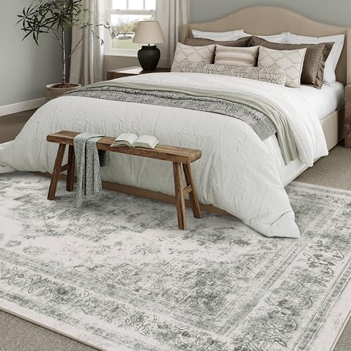 Washable Rug 6x9 Area Rug for Living Room Gray Vintage Boho Medallion Large Grey Distressed Retro Carpet Non Slip Indoor Low Pile Small Soft Bedroom Dining Room Home Office