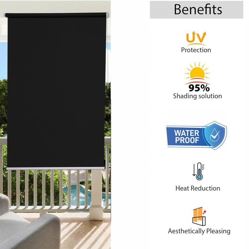 Image of Roller Blinds 300 GSM Polyester Fabric Waterproof & Sun Blockage Corded Roll Up and Down Blinds Curtains for Window, Door, Balcony (Black Color 2.5 X 12 Feet, Pack of 1 Piece)