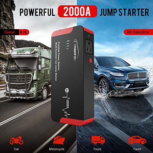 Jump Starter, YABER 2000A Peak 22000mAH 100W Portable AC Jump Starter Car Battery Jumper Starter (All Gas or 8.0L Diesel) Super Safe Car Booster Battery Charging Port