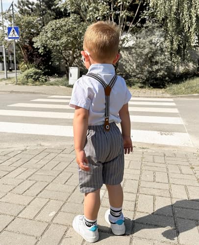 Image of Volunboy Baby Boy Formal Short Set Toddler Summer Gentleman Outfit Kid Short Sleeve Bowtie Shirt Suspender Shorts Suit