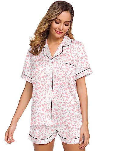 Image of SWOMOG Womens Silk Satin Pajamas Set Short Sleeve Sleepwear Button Down Top and Shorts Loungewear 2 Piece Pjs Set XS-3XL