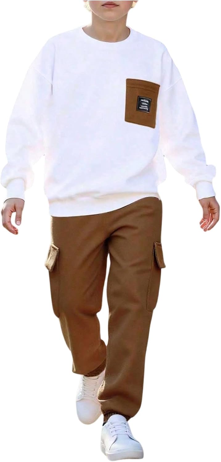 VIPWOLF Boy's Sweatsuit 2 Piece Joggers Sets Crewneck Long Sleeve Sweatshirts and Cargo Pants Teen Boy Clothes