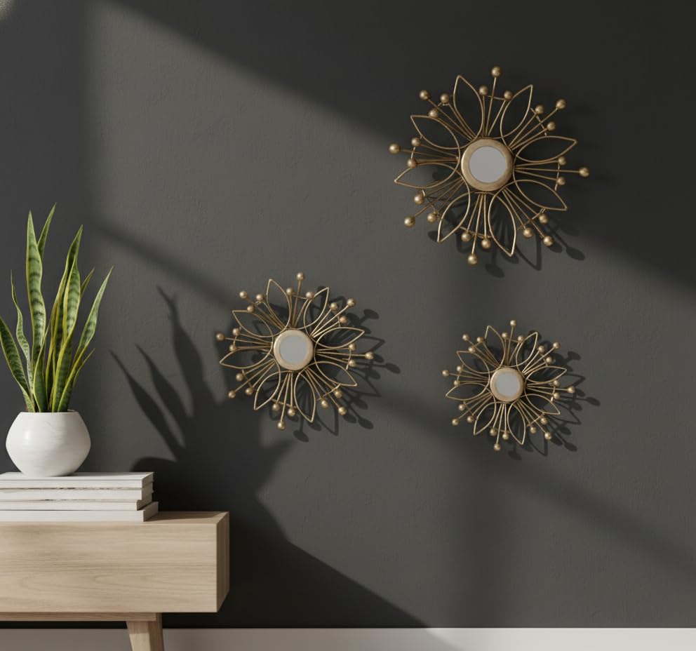 Image of Metal Wall Art with Mirror for living room and Home Decorations, Metal Wall Hanging Decoration for Living Room Office Bedroom,| Gift Items (Pack of 3 different sizes)