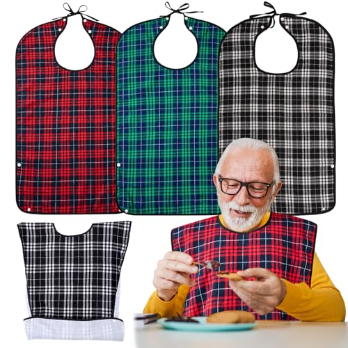 XKDOUS 3 Pack Adult Bibs for Men & Seniors Reusable & Waterproof Clothing Protector with Crumb Catcher Pocket for Eating Feeding Bibs for Elderly Women Men Ideal Senior Citizens Gifts