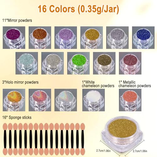 SIUSIO 16 Gläser Chrome Nagelpulver Nagelkunst Glitter Dekoration Metallische Spiegel Effekt Holographische Aurora Chameleon Pigment Pulver Kit 0,35g / Jar Perle für Harz Handwerk & Nagelkunst