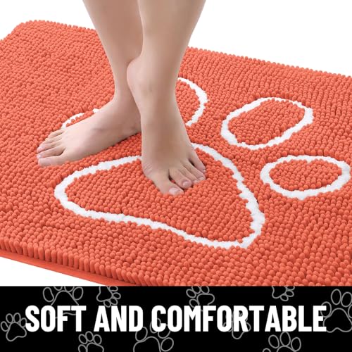 Image of Smiry Dog Door Mat for Muddy Paws, Absorbent Dirt Trapper Non Slip Quick Dry Washable Chenille Mat for Mud Dogs, Entry Rug for Indoor and Outdoor (30x20 Inches, Coral and White)