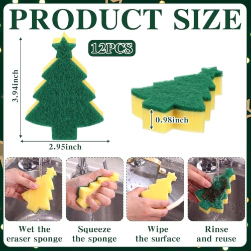 Image of Tioncy 12 Pack Christmas Tree Kitchen Sponges Bulk Green and Yellow