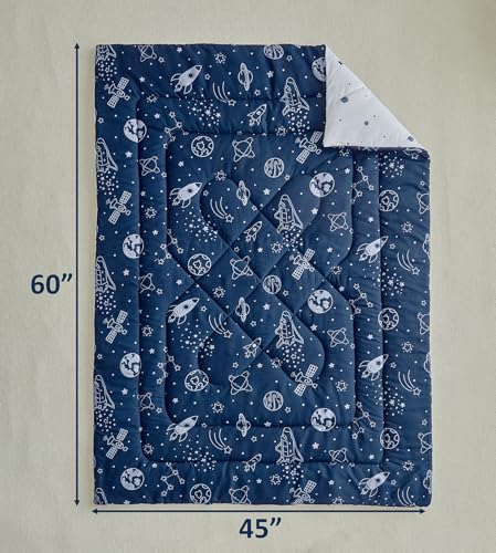Image of DuShow Navy Blue Toddler Bedding Set for Boys,4 Pieces Space Crib Bed Sheets Set,Soft Toddler Comforter Set in a Bag, Includes Quilted Comforter, Flat Top Sheet, Fitted Sheet, Envelope Pillow Case