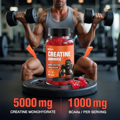 Creatine Gummies 5000mg Creatine Monohydrate with 1000mg BCAAs (1 Month Supply) for Men & Women, Vegan & Sugar-Free, Easy Pre/Post Workout Gym Support for Performance and Muscle Power, 60 Count