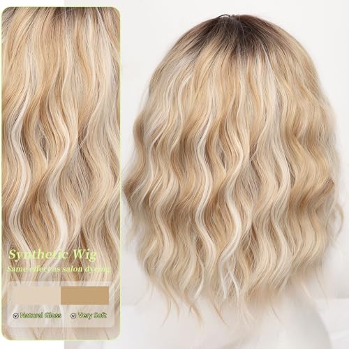 Image of AISI HAIR Curly Bob Wig with Bangs Short Wavy Ash Rooted platinum blonde and warm honey highlight Wigs for Women Bob Style Synthetic Heat Resistant Bob Wigs