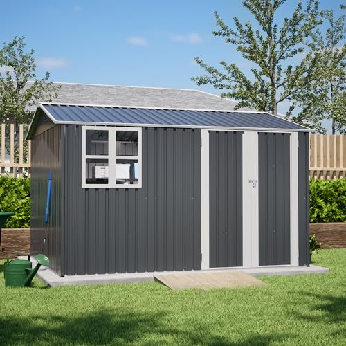 Image of YOPTO 10X8 FT Outdoor Storage Shed,Metal Shed W /Window,Floor Frame & Lockable Swing Door,Garden Tool House W / 4 Air Vents & Sloped Roof,for Backyard Patio Lawn,Gray
