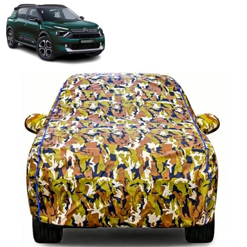 Image of Waterproof Car Body Cover for Citroen Aircross X with Mirror Pocket| Cotton Inner Lining | Triple Stitched | All Weather Protection | Dust, UV & Rain Proof (Camouflage with Blue Piping)