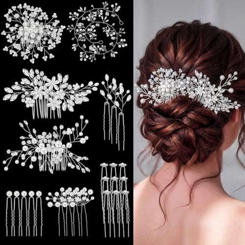Maitys 44 Pcs Bride Hair Accessories Pearl Crystal Combs, Delicate Style