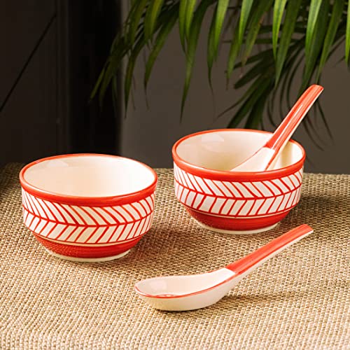 Image of ExclusiveLane 'Red Chevrons' Handcrafted Ceramic Soup Bowl with Spoon /Soup Cups (Set of 2, 250 ML, Microwave Safe & Dishwasher Safe) - Soup Bowl Set with Spoon
