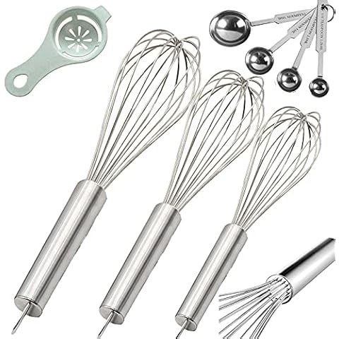 Stainless Steel Whisk, Whisk Set with Measuring Spoon and 8"+10"+12" Wire Whisk for Cooking Blending, Beating, Stirring, Baking (Silver 1) Cover
