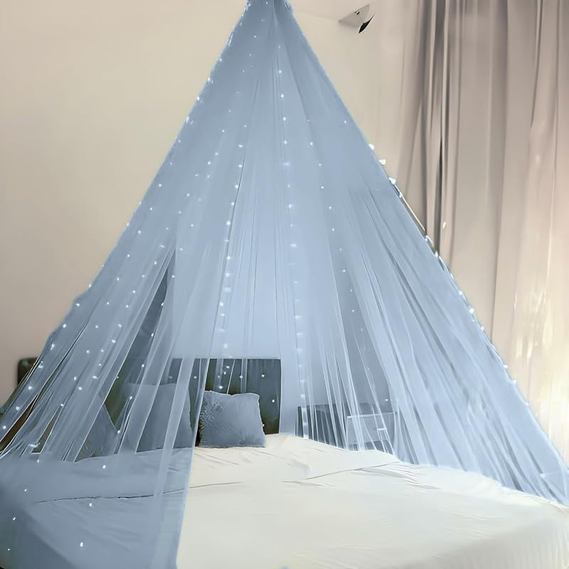 Image of Shimmers Blue Net Curtain Decoration Set - 5 Pcs Kit with 2 Curtains (4x8 ft), Fairy Lights & Hooks, Wedding Backdrop & Home Decor