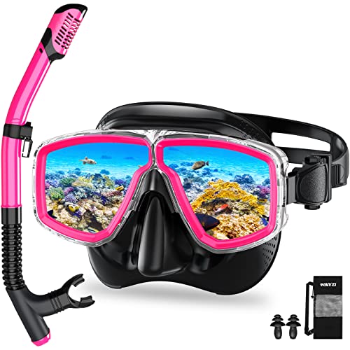 WANFEI Gafas de Buceo, Gafas y Tubo de Snorkel Set para Adulto, Panorámico de 180° Anti-Fugas Anti-Vaho Gafas y Mascara de Buceo de Cristal Templado y Dry Top Snorkel para Hombres y Mujeres -Rosa