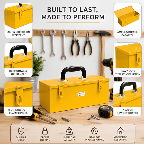 Image of PAHAL 16 Inch Metal Tool Box - Heavy Duty Portable Tool Storage Box with Single Compartment for Electrician, Plumber, Technician, Carpenter & Mechanic, for Domestic & Industrial Use, Yellow