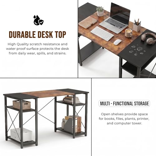 Image of Klaxon Engineered Wood Iron Study Table with Drawer, Multi-Usage Laptop Desk & Home Office (Printo-FD, DIY Installation) (Forest Dark & Black, Elite)