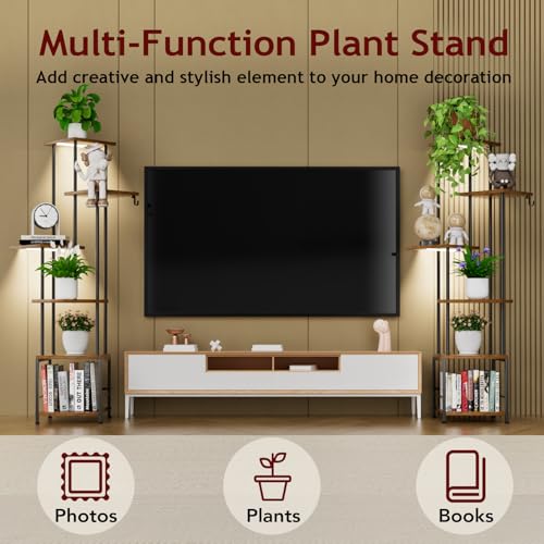 Image of Homsorout Plant Stand Indoor with Grow Light - 6-Tier Metal Plant Shelf with Hanging Basket Hook, Corner Tall Flower Holder for Multiple Plants, Living Room Balcony Garden Patio, Rustic Brown